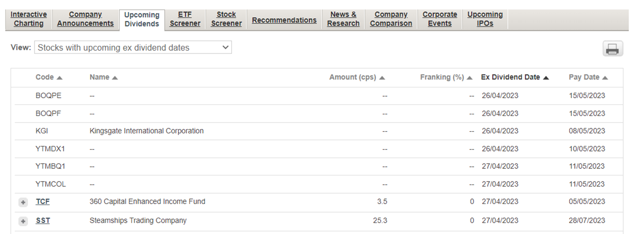 Upcoming Dividends